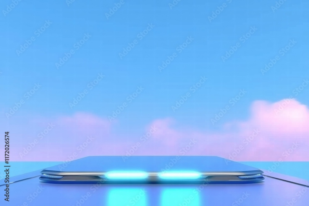 Poster a futuristic device with glowing elements against a blue sky backdrop.