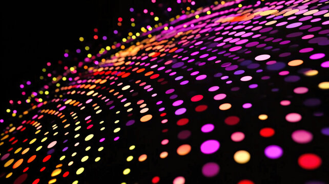 A dynamic scatter plot with glowing dots in radiant neon colors, dynamically arranged over a dark reflective surface with holographic highlights.
