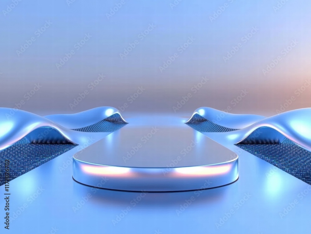 Aufkleber a futuristic landscape featuring smooth, wave-like structures and a central platform.
