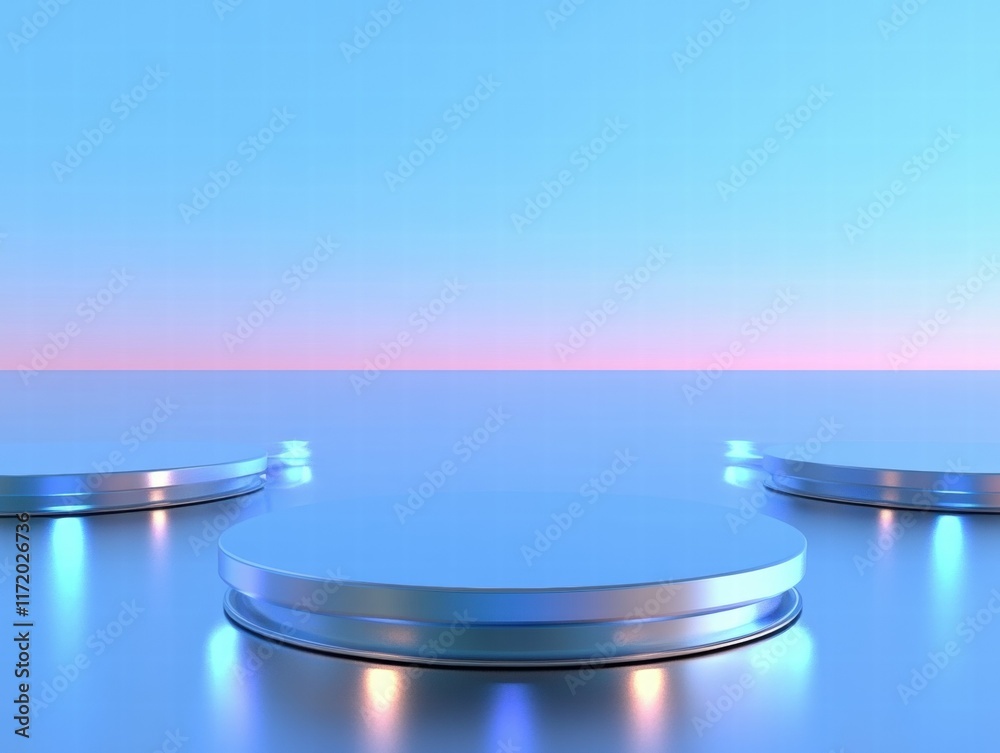 Aufkleber A futuristic scene with three illuminated platforms against a gradient sky.