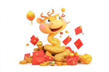 Obraz premium Cheerful cartoon character celebrating Lunar New Year with gold coins, red envelopes, and festive decorations, symbolizing prosperity and joy
