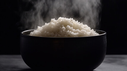 Steamed rice on black bowl.