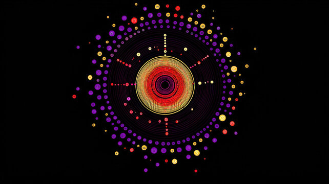 A dynamic scatter plot with glowing dots in radiant neon colors, dynamically arranged over a dark reflective surface with holographic highlights.

