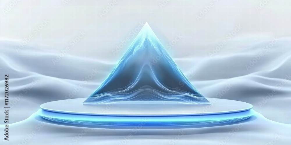 Poster a futuristic blue pyramid on a circular platform against a soft, ethereal background.