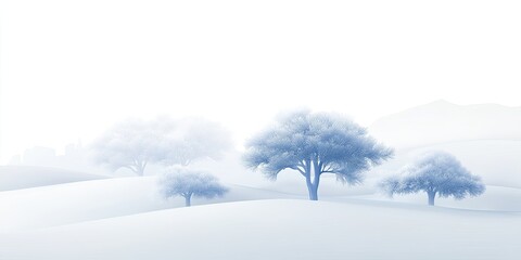 Gentle snow blankets the rolling hills, while ethereal trees rise gracefully through a delicate fog, evoking a peaceful sense of winter tranquility