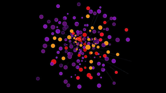 A dynamic scatter plot with glowing dots in radiant neon colors, dynamically arranged over a dark reflective surface with holographic highlights.
