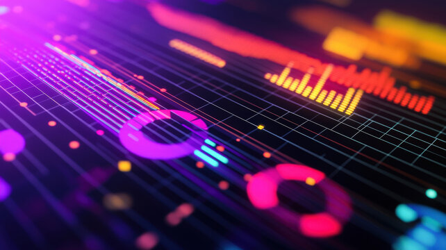 A dynamic scatter plot with glowing dots in radiant neon colors, dynamically arranged over a dark reflective surface with holographic highlights.
