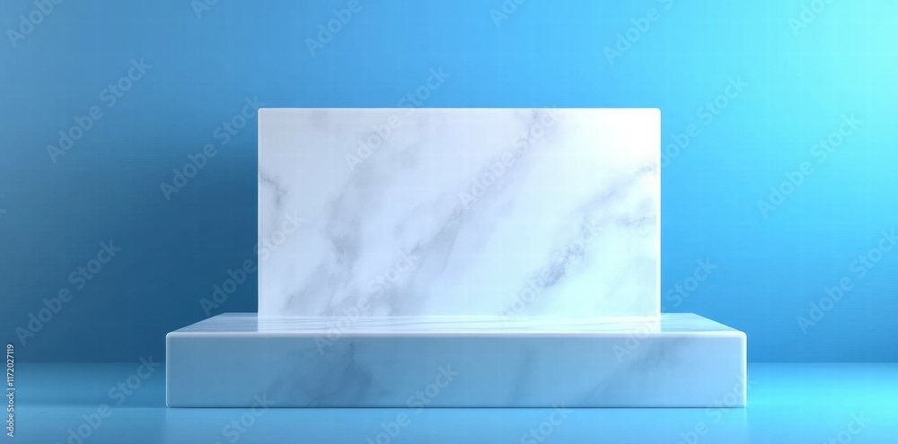 Aufkleber A minimalist display podium with a smooth marble texture against a blue background.