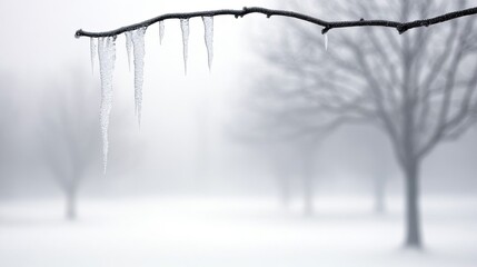 Icicles dangle delicately from a barren branch, while a tranquil blanket of snow covers the ground, creating a peaceful winter atmosphere in a foggy landscape