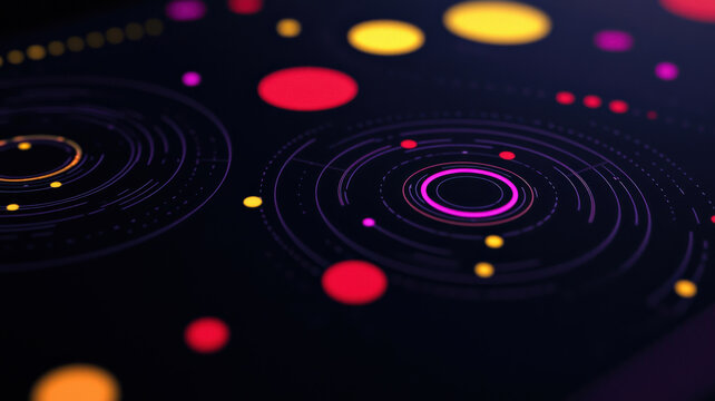 A dynamic scatter plot with vibrant, circular data points in contrasting shades of purple, red, and yellow, set on a simple dark background.