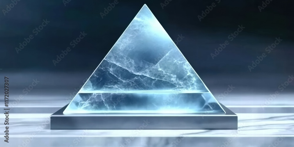 Aufkleber a translucent pyramid made of ice-like material, resting on a sleek surface.