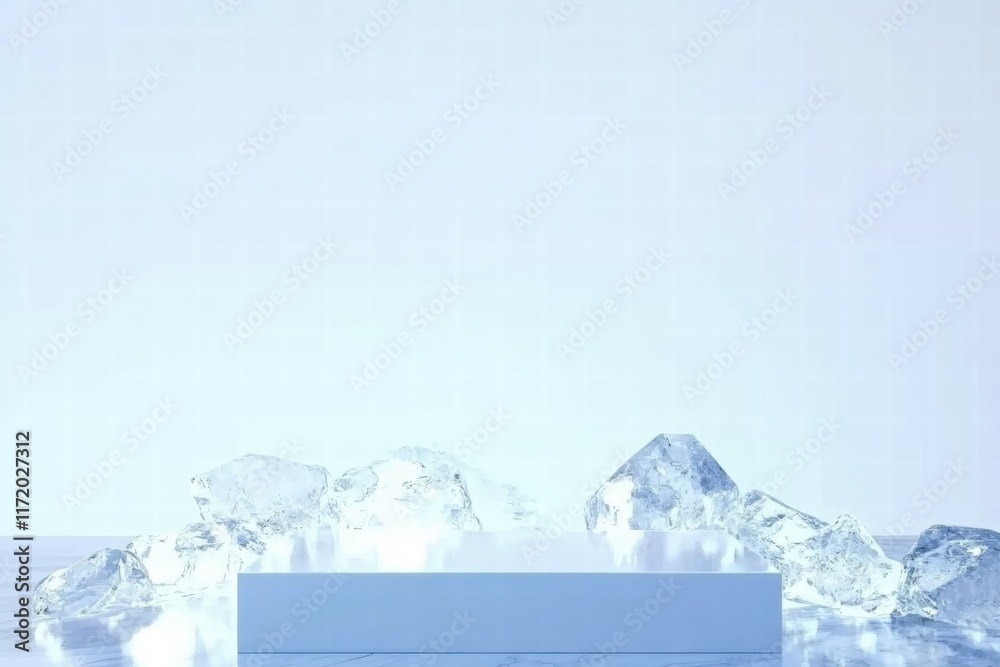 Poster A minimalist display with clear ice chunks surrounding a white pedestal against a light background.
