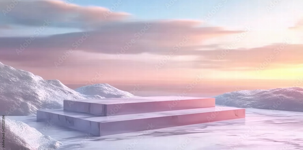 Poster a serene landscape featuring a minimalist three-step platform against a colorful sky.