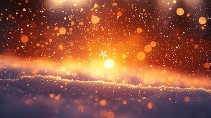 Delicate snowflakes swirl through the air as a warm golden sunset illuminates the winter landscape, casting a serene glow over the snow-covered ground