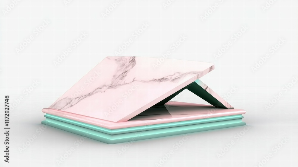 Poster a modern, stylized display stand with a marble top and colorful base for showcasing items.
