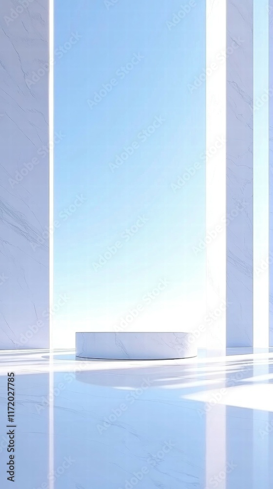 Fototapete a serene, minimalistic space with marble columns and a circular platform under a clear sky.