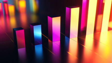 A dynamic stacked area chart with luminous, flowing gradient colors, arranged over a sleek polished surface with dark accents.