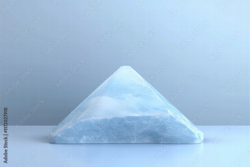 Aufkleber a translucent blue pyramid-shaped crystal on a smooth surface against a light backdrop.