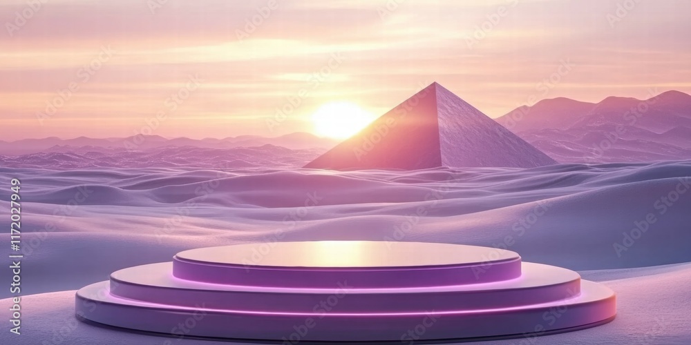 Poster a surreal landscape featuring a pyramid and a circular platform at sunset.