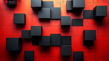 Abstract 3D rendering of black cubes scattered on a red grid background.