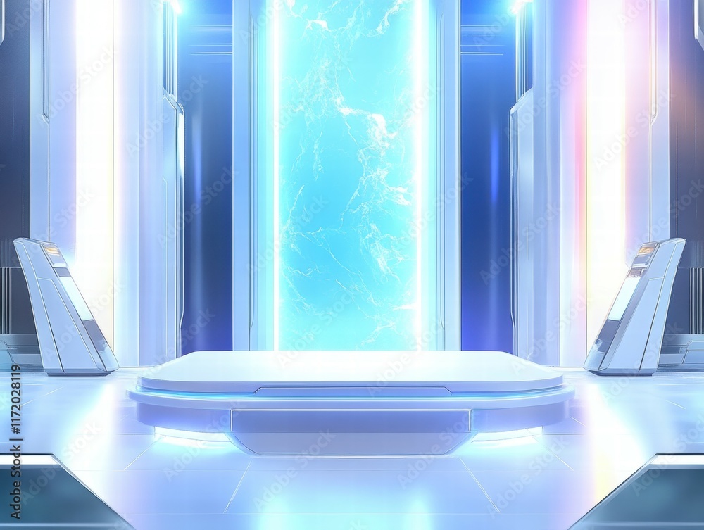 Poster a futuristic, illuminated space featuring a glowing portal and sleek platforms.