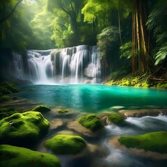  Majestic waterfall cascading down a moss-covered cliff into a turquoise pool