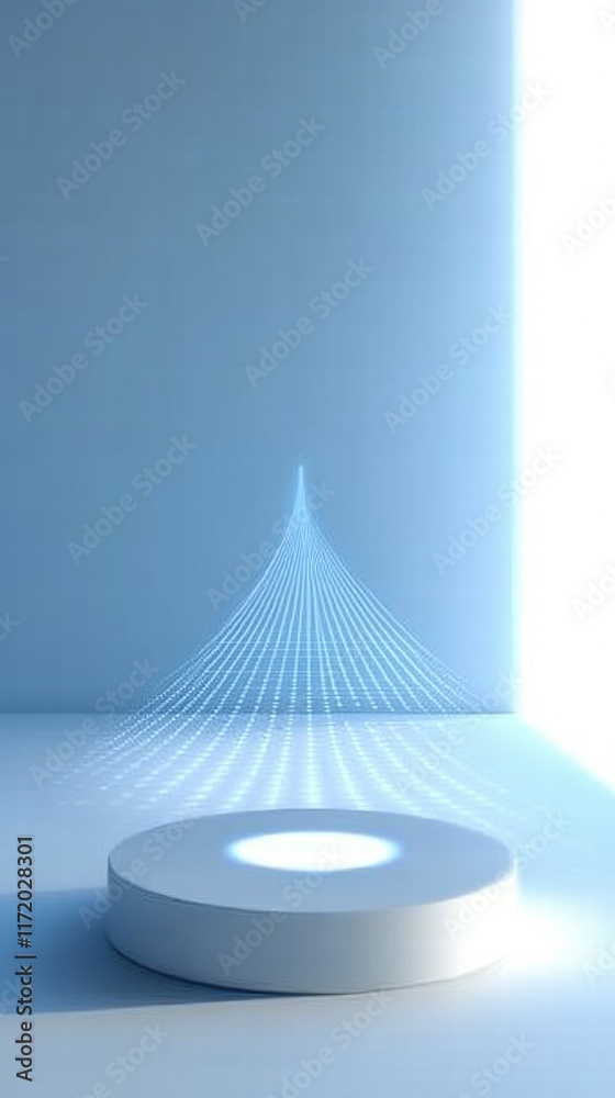 Poster A minimalist scene featuring a circular base with a light projection creating a visual effect.