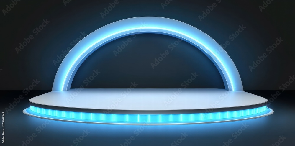 Poster a modern stage with a glowing blue arch and circular platform, ideal for performances.