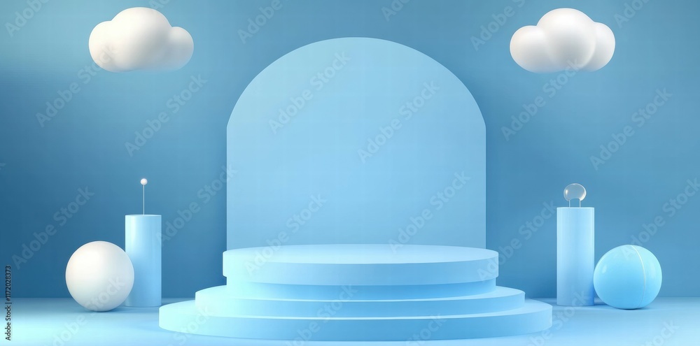 Aufkleber a minimalist blue stage with clouds and geometric shapes, ideal for presentations or displays.
