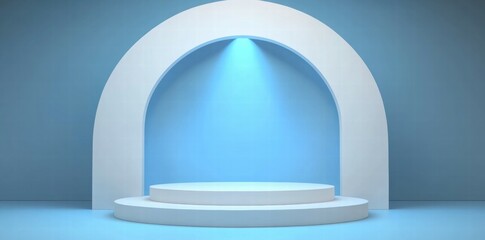 A minimalist stage design with a blue backdrop and spotlight, ideal for presentations or performances.