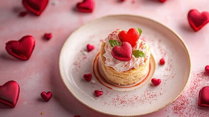 A beautifully decorated plate featuring a heart-themed cake, symbolizing love and celebration for Valentine's Day.