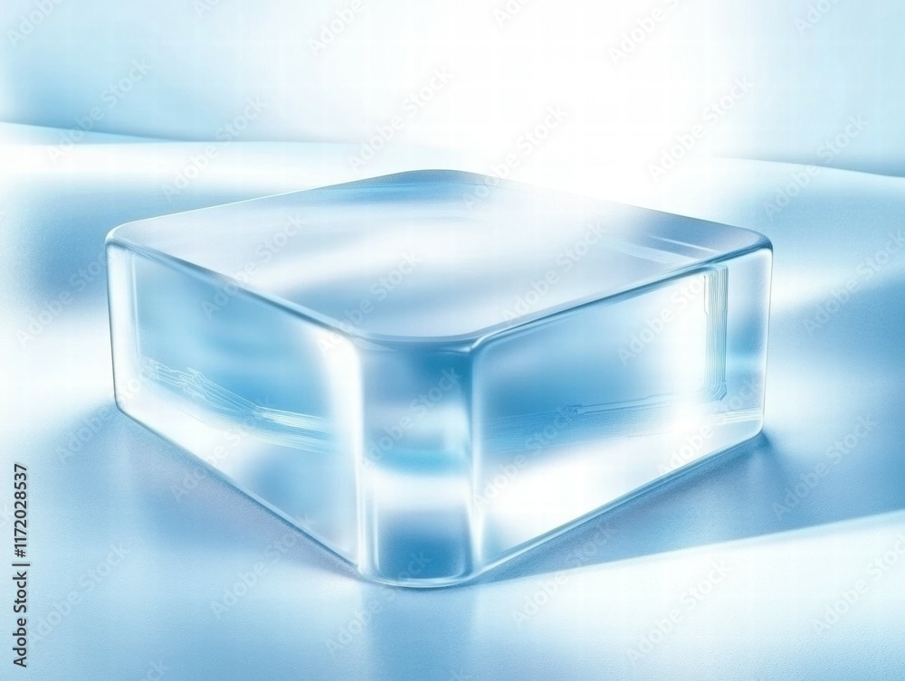 Poster a clear ice cube against a soft blue background, highlighting its transparency and shape.
