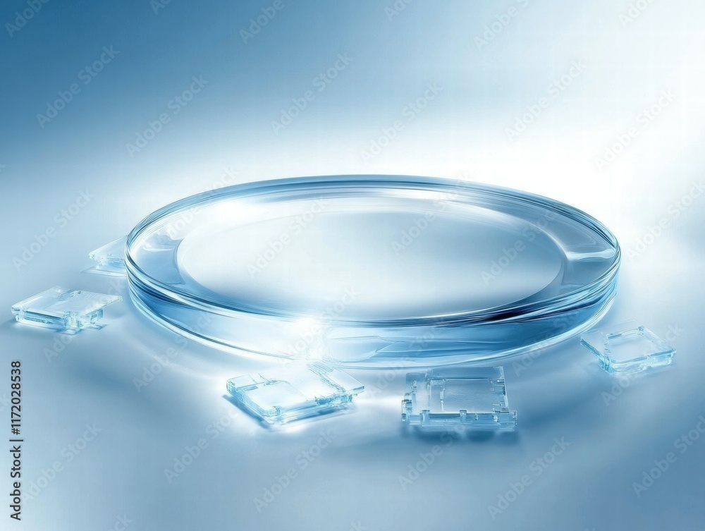 Poster a clear glass dish surrounded by transparent squares on a soft gradient background.