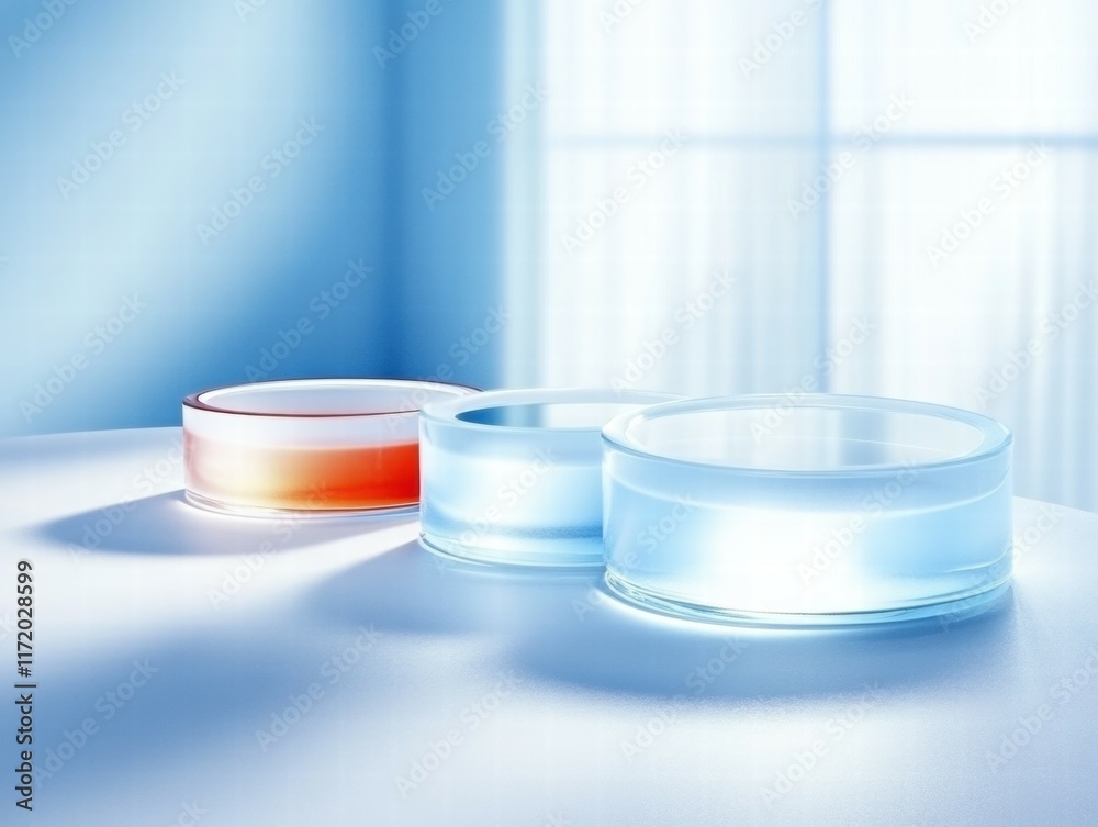 Poster three glass containers with colored liquids on a softly lit surface.
