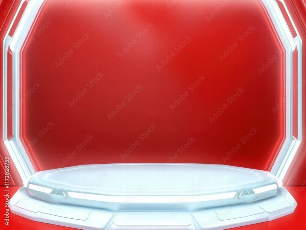 Poster a futuristic, illuminated stage with a red backdrop, designed for presentations or performances.