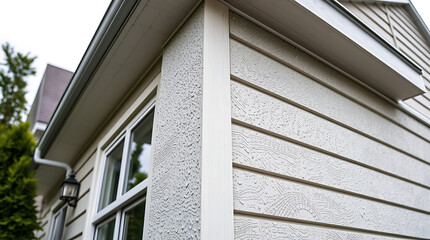 Fototapeta premium Close-up view of a house exterior, showcasing light beige textured siding, white trim, a silver gutter, and a section of a window. The image is angled upward, emphasizing the house's corner.