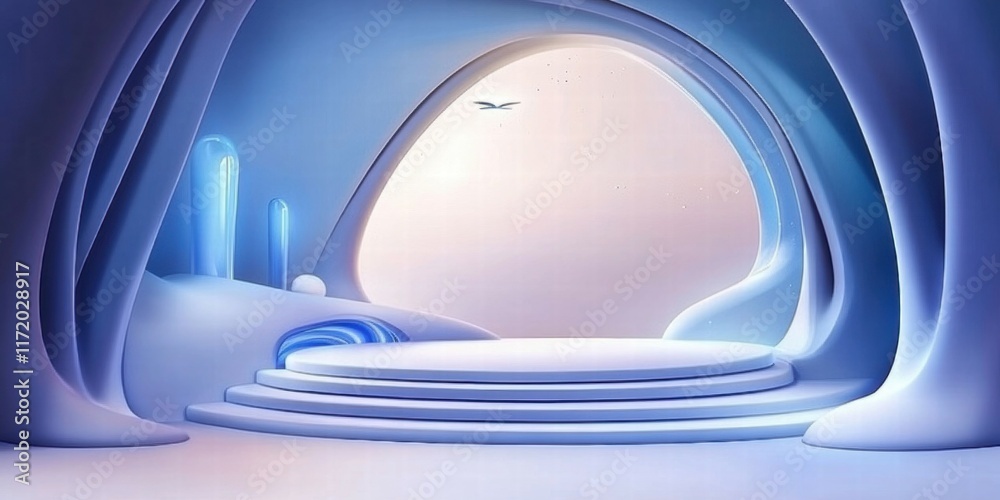 Poster a futuristic, minimalist space with smooth curves and soft lighting, suggesting tranquility.