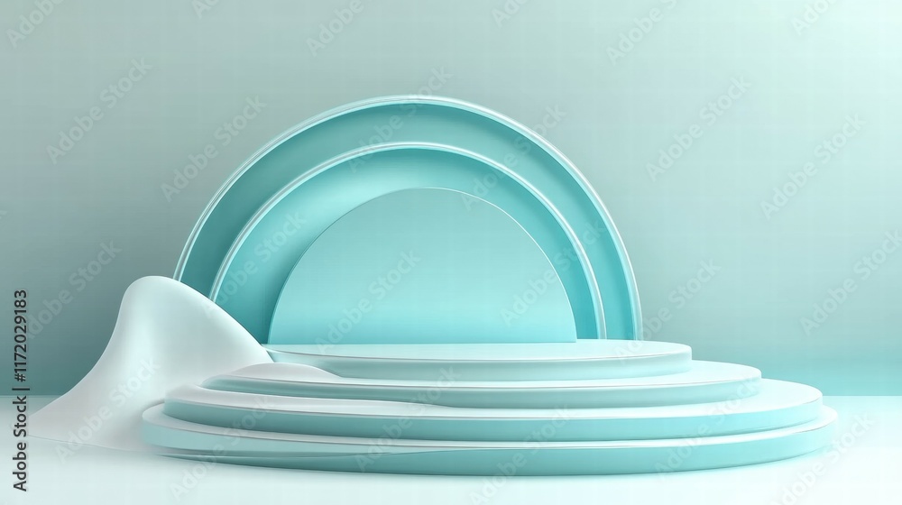 Poster a minimalist arrangement of layered circular shapes in a soothing turquoise color.