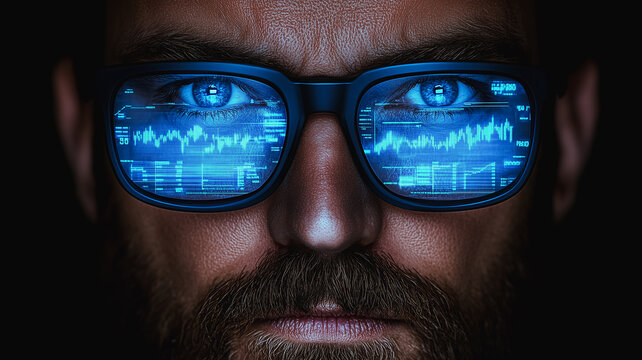 Data Driven Vision: A close-up portrait of a man wearing stylish glasses reflecting data charts, symbolizing the power of analytics and the future of technology.  