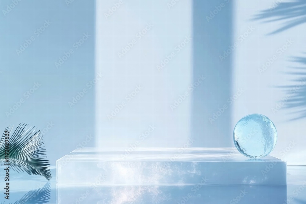 Poster a serene composition featuring a clear sphere on a reflective surface with soft shadows.