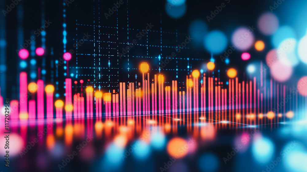 Poster digital symphony: a mesmerizing abstract visualization of data, with glowing bars and bokeh lights d