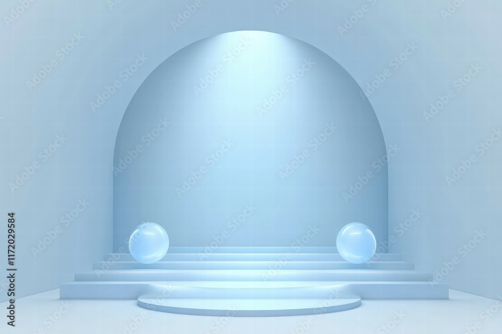 Aufkleber a minimalist, serene space featuring two spheres and a softly lit arch.