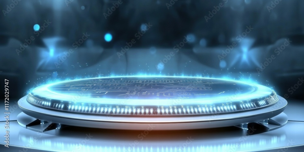 Poster a futuristic circular platform glowing with blue light, suggesting advanced technology or display.