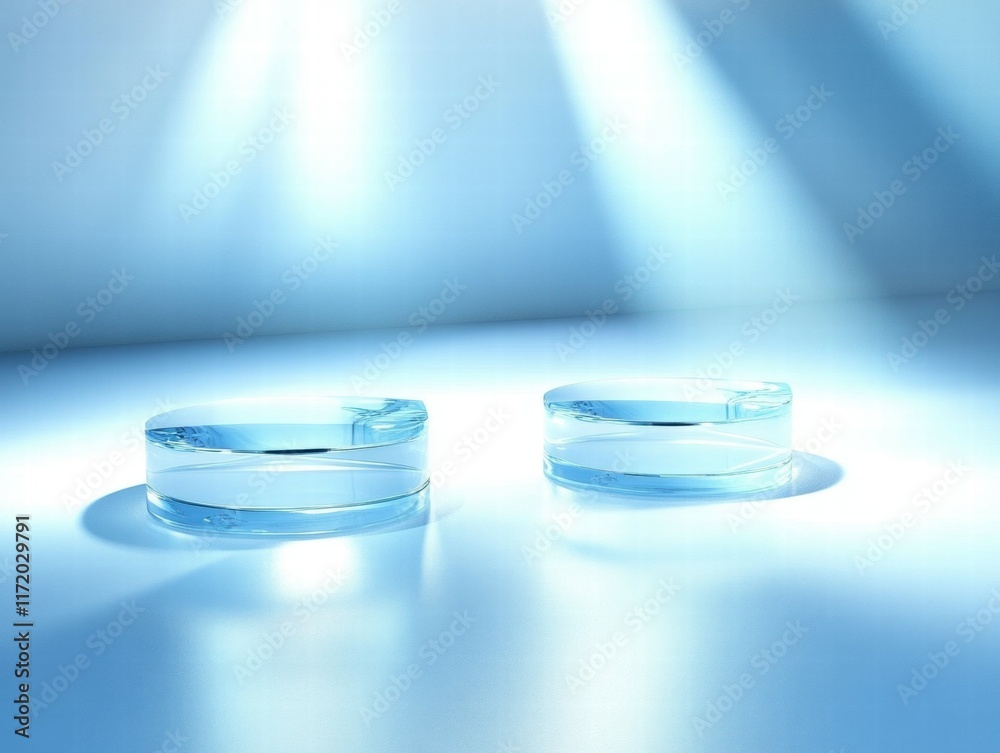 Aufkleber two clear, curved glass objects reflecting light on a smooth surface.