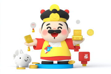 Cute character celebrating Lunar New Year with gold ingots, coins, and rabbit. Joyful atmosphere with festive decorations and symbols of prosperity