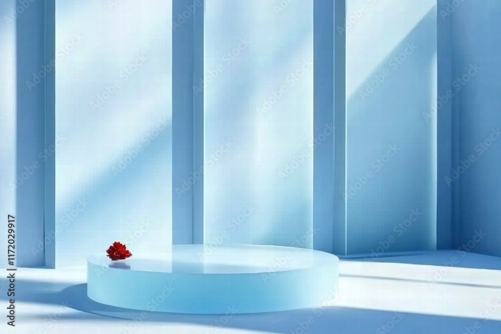 Poster A minimalist blue space featuring a circular platform and a single red flower.