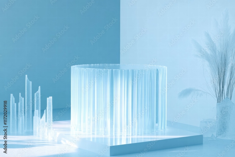 Aufkleber A serene, modern display featuring translucent structures and minimalist design elements.