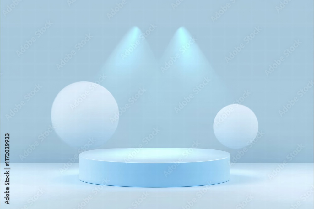 Poster A minimalist stage with floating spheres and soft lighting for presentations or displays.