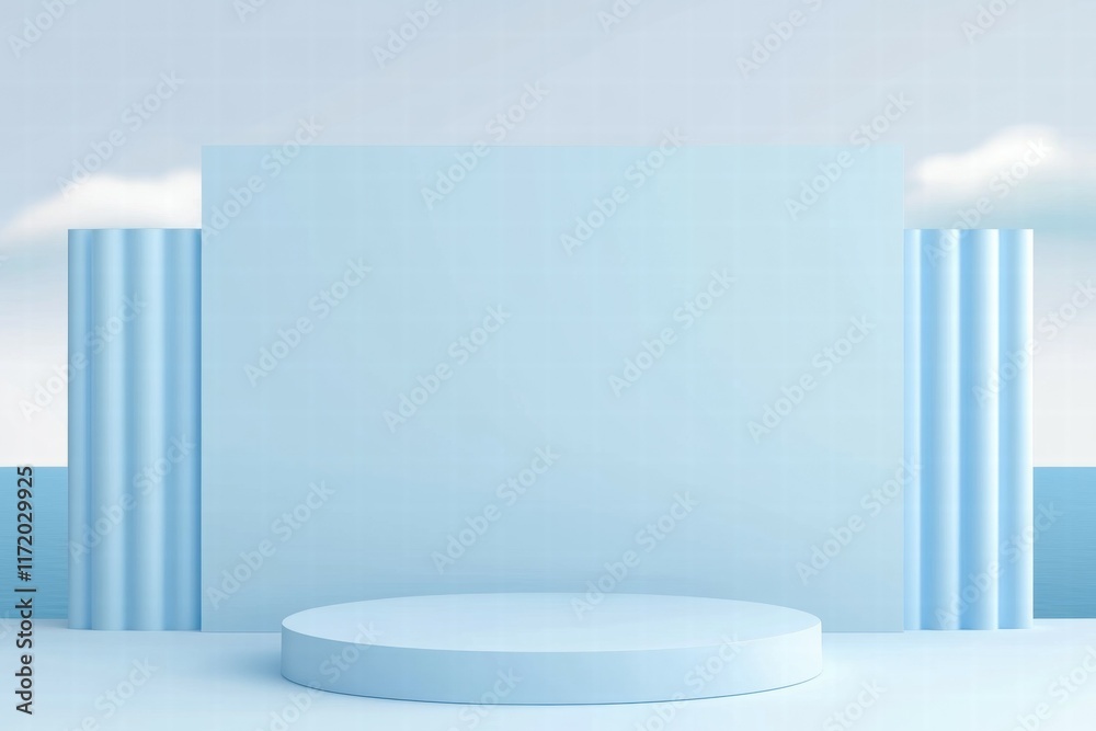 Aufkleber a minimalist blue stage setup with columns, ideal for presentations or events.
