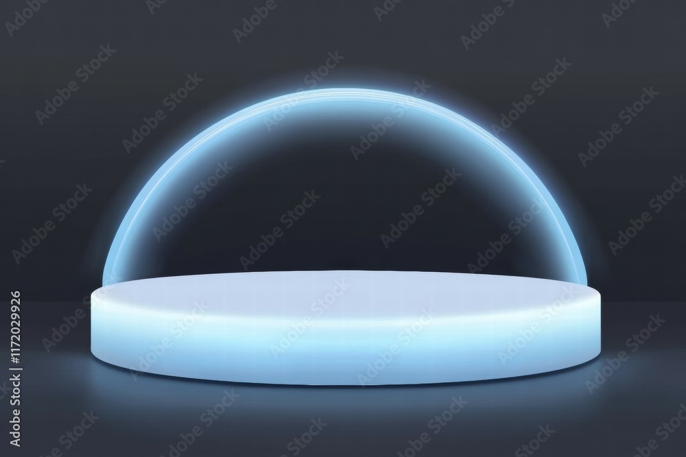 Poster a minimalistic blue-lit platform with a glowing arc above, suggesting a modern display or stage.